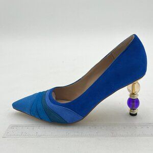 FOWT Blue High Heel Pointed Toe Pump Slip-on Rainbow Shoes for Dress Party Girl
